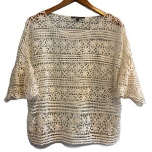 Anthropologie Blue Tassel Women’s Cream  Crochet Lace Overlay Boho Top Size M